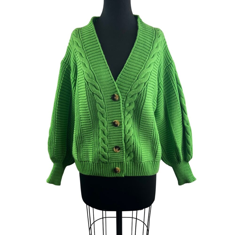 New Jewel Green Cardigan Ribbed Cable Wool V-Neck Drop Shoulder Button Front